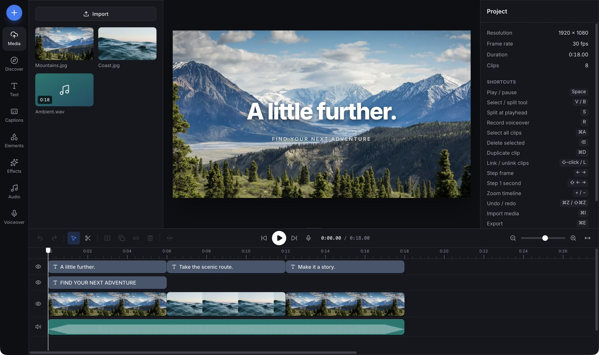 SuperEditor showing a mountain film with layered titles, image clips and an audio waveform on the timeline