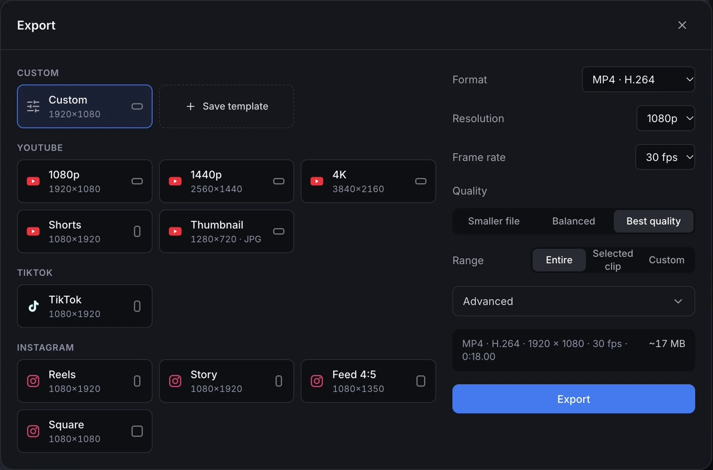 Actual SuperEditor export dialog with YouTube, TikTok and Instagram presets, resolution, frame rate and quality controls